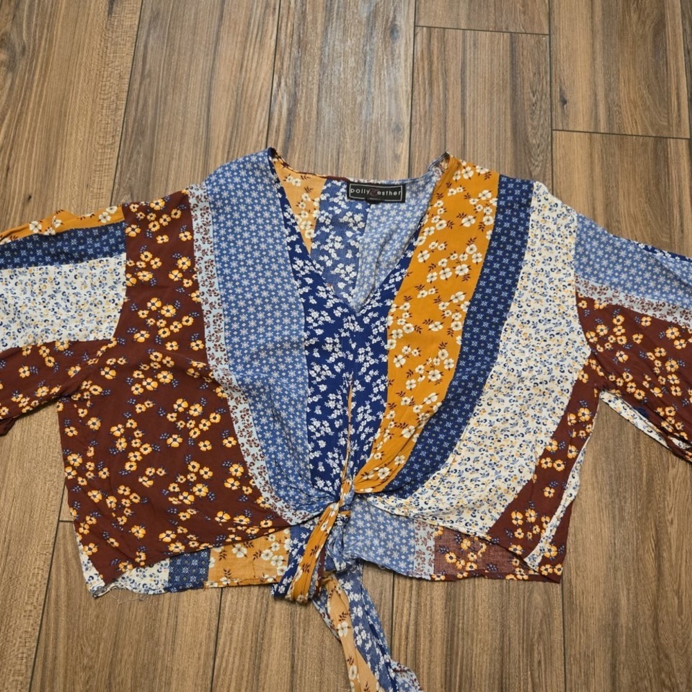 Polly & Esther Blue and Mustard Mixed Floral Tie-Front Blouse - Picture 5 of 10